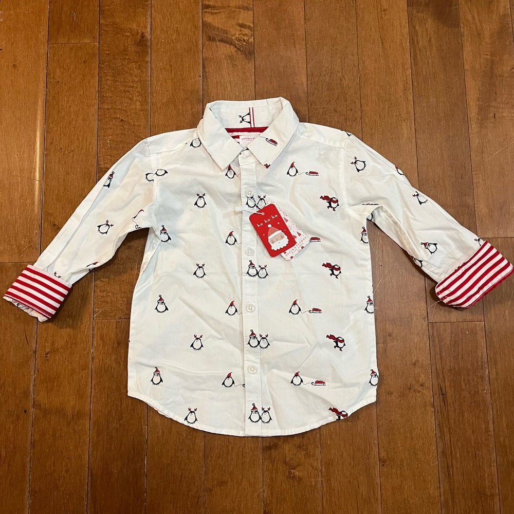 Denim & Flower Boys 3T White Long Sleeve Button Up Penguins